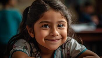 sonriente chica, linda y alegre, mirando a cámara adentro generado por ai foto