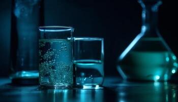 Transparent glass with blue liquid, drop and reflection on table generated by AI photo