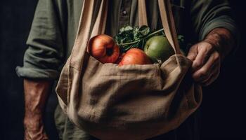 One man holding sack of fresh organic vegetables and fruits generated by AI photo