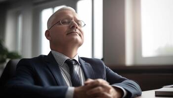 Confident businessman in suit looking away through office window generated by AI photo