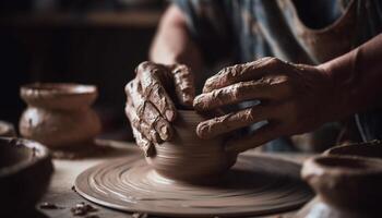 Craftsperson turning clay on pottery wheel, molding homemade vase shape generated by AI photo