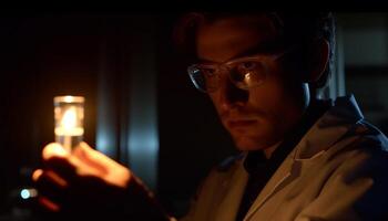 One young adult male scientist holding equipment, illuminated indoors generated by AI photo