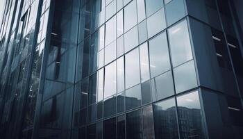 Futuristic skyscraper facade reflects blue cityscape in modern glass window generated by AI photo