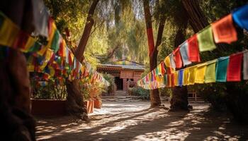 Multi colored pagodas in row symbolize Tibetan Buddhism ancient spirituality generated by AI photo