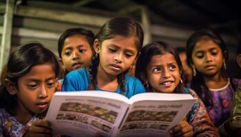 Group of children studying together, smiling and holding books generated by AI photo