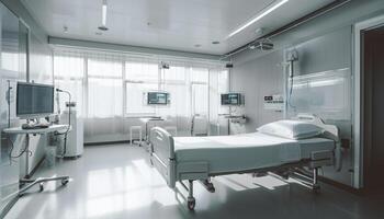 Modern hospital ward with empty beds and advanced medical equipment generated by AI photo