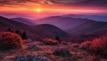 Majestic mountain range, tranquil sunset, nature beauty in panoramic view generated by AI photo