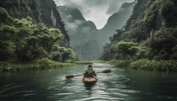 hombres y mujer kayak en tranquilo aguas rodeado por naturaleza generado por ai foto