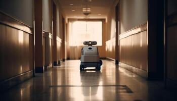 Empty corridor inside modern building, blurred motion of transportation equipment generated by AI photo