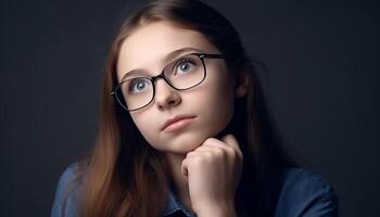 joven adulto mujer con marrón pelo y los anteojos mirando confidente generado por ai foto