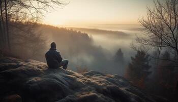 One person meditating on mountain peak, enjoying solitude and freedom generated by AI photo