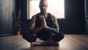 One man meditating in lotus position at yoga studio generated by AI photo