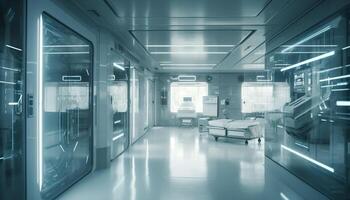 futurista hospital corredor con moderno equipo y iluminado ventanas generado por ai foto