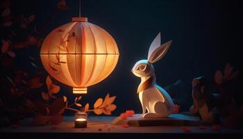 Cute rabbit illuminated by multi colored lanterns in autumn celebration generated by AI photo