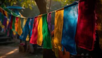 Vibrant colored textiles hanging outdoors, a celebration of indigenous culture generated by AI photo