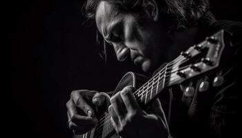 One musician playing guitar, plucking strings with concentration and skill generated by AI photo