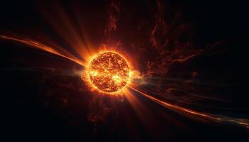 Glowing fireball orbiting planet in abstract futuristic illustration of space generated by AI photo