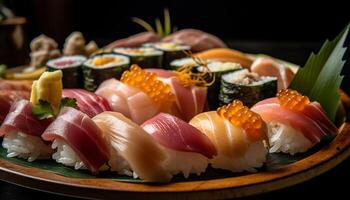 Fresh seafood meal sashimi, nigiri, maki sushi, and California roll generated by AI photo