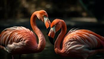 Vibrant pink American flamingos in tranquil Caribbean pond, elegant beauty generated by AI photo