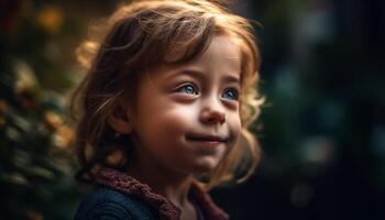 Smiling child enjoys nature, innocence and beauty in autumn forest generated by AI photo