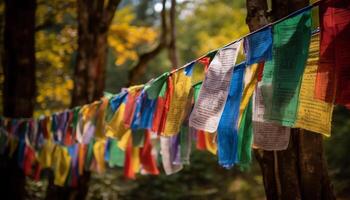 Prayer flags hanging in row, symbol of spirituality and cultures generated by AI photo