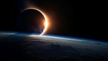 brillante esfera orbital planeta tierra en el oscuro estratosfera generado por ai foto