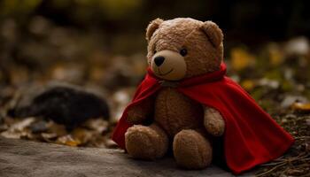 Cute toy teddy bear sitting on autumn leaf in nature generated by AI photo