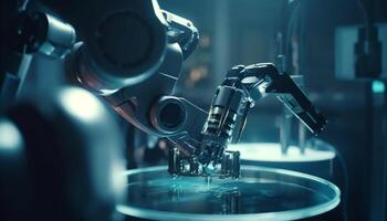 Robotic arm in futuristic factory controls manufacturing equipment with intelligence generated by AI photo