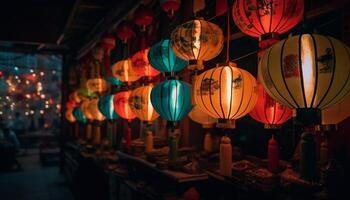 Chinese paper lanterns illuminate night celebration in traditional festival generated by AI photo