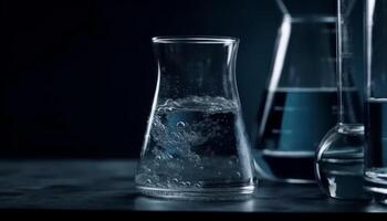 transparente vaso matraz torrencial azul líquido, científico experimentar en Progreso generado por ai foto