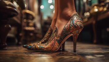 One woman standing on wood flooring in high heel shoes generated by AI photo