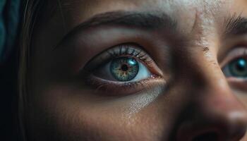 Beautiful young woman staring with blue eyes, selective focus only generated by AI photo