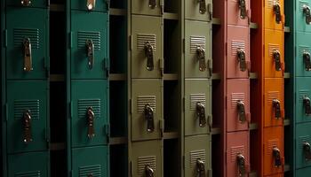 Multi colored lockers in a row, side by side, indoors generated by AI photo