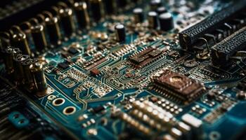 Complex circuit board showcases futuristic computer technology and electrical components generated by AI photo