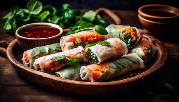 Fresh spring roll wrapped in vegetable and pork, served with sauce generated by AI photo