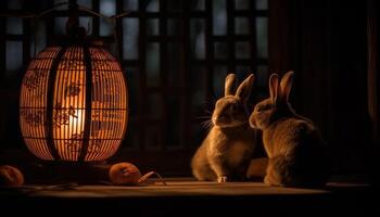 linda Conejo sentado en madera mesa, iluminado por linterna ligero generado por ai foto