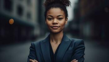 Confident young African businesswoman smiling outdoors in professional attire generated by AI photo