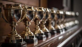 Gold trophy shines in foreground of large group celebration generated by AI photo