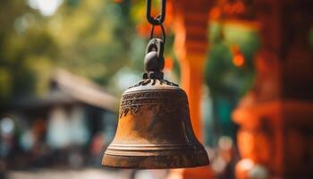 Ancient metallic bell ringing, symbol of old fashioned spirituality generated by AI photo