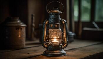 Rustic lantern burning candle, glowing in old fashioned rural scene outdoors generated by AI photo