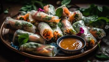 Fresh spring roll appetizer with vegetables, wrapped in rice paper generated by AI photo