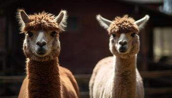 sonriente alpaca y guanaco mirando a cámara en granja prado generado por ai foto