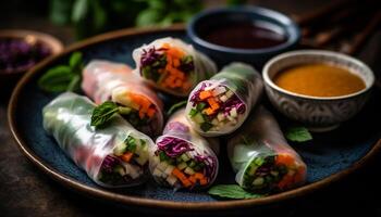 Fresh gourmet spring roll with meat and vegetables on plate generated by AI photo