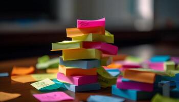 Colorful adhesive notes inspire creativity on messy desk for success generated by AI photo