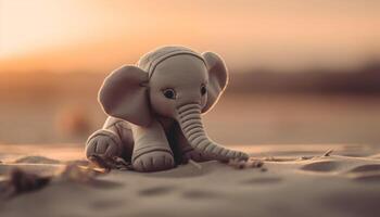 elefante juguete figurilla obras de teatro en arena, símbolo de juguetón naturaleza generado por ai foto