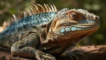 en peligro de extinción verde iguana descansando en árbol rama en tropical bosque generado por ai foto