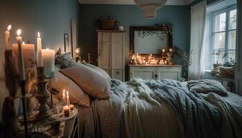 lujo dormitorio con moderno diseño, acogedor lecho, y luz de una vela ambiente generado por ai foto