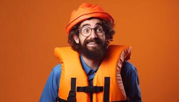 Smiling Caucasian engineer in orange hardhat looking at camera confidently generated by AI photo