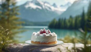 Fresh berry dessert on a green plate, whipped cream indulgence generated by AI photo