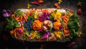 Healthy vegetarian salad with multi colored vegetables on wooden plate generated by AI photo